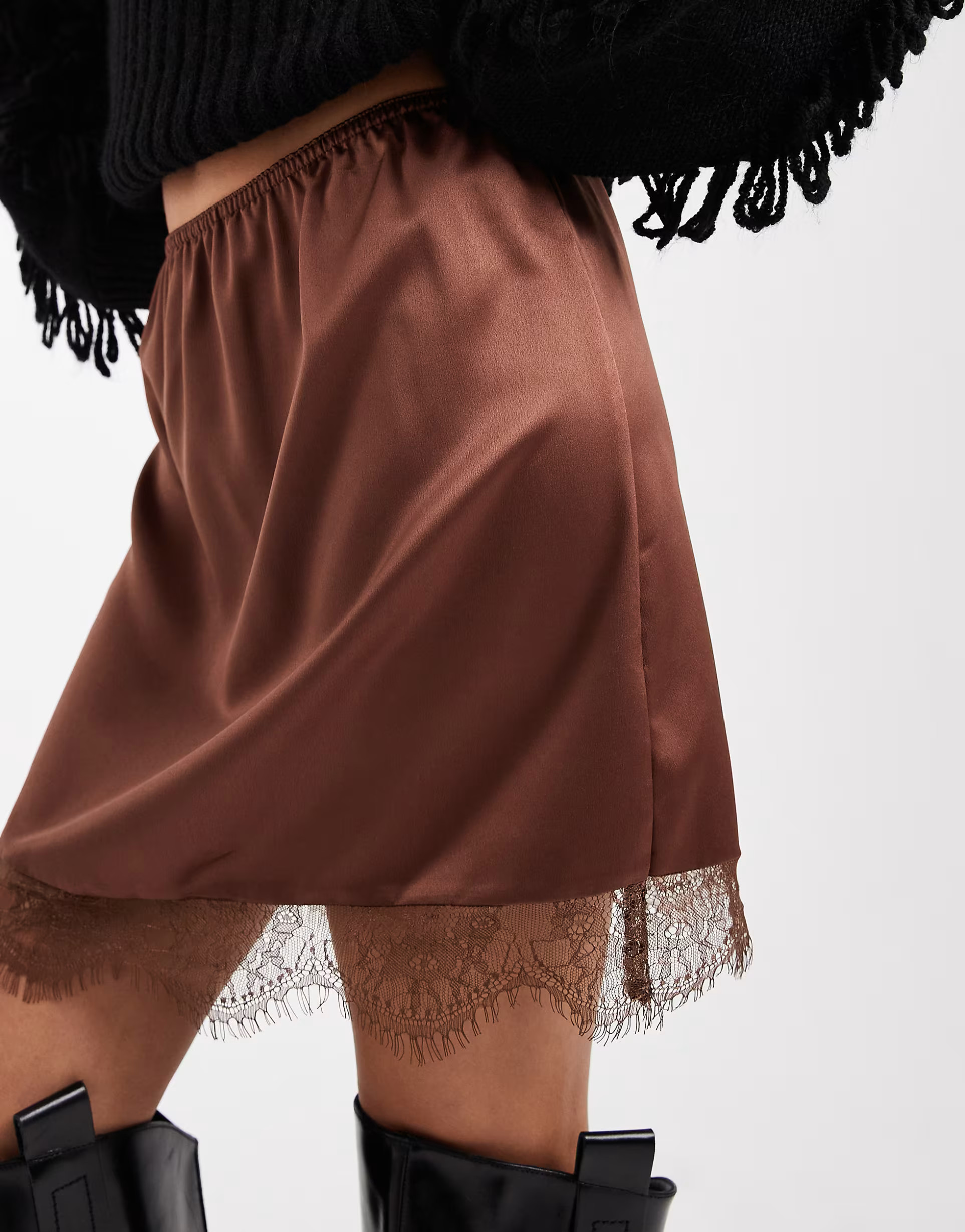 ASOS DESIGN lace trim satin mini skirt in chocolate | ASOS (Global)