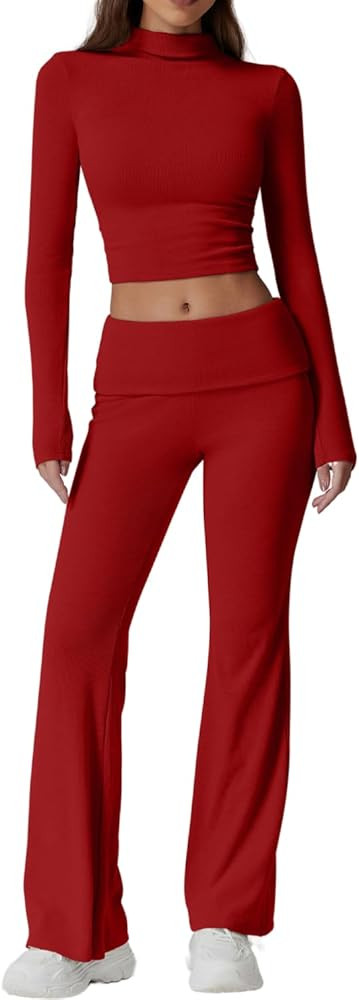QINSEN Womens 2 Piece Lounge Sets Mock Neck Long Sleeve Tops with Side Ruched Fold Over Flare Pan... | Amazon (US)