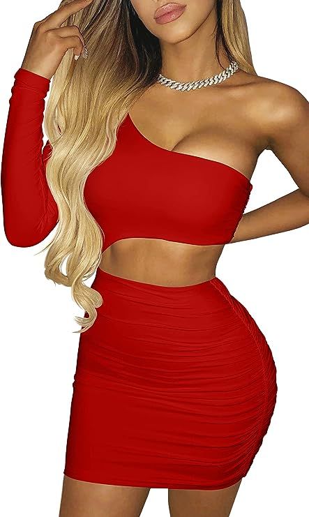 GOBLES Women's Sexy Off The Shoulder One Sleeve Cut Out Ruched Mini Party Club Dress | Amazon (US)