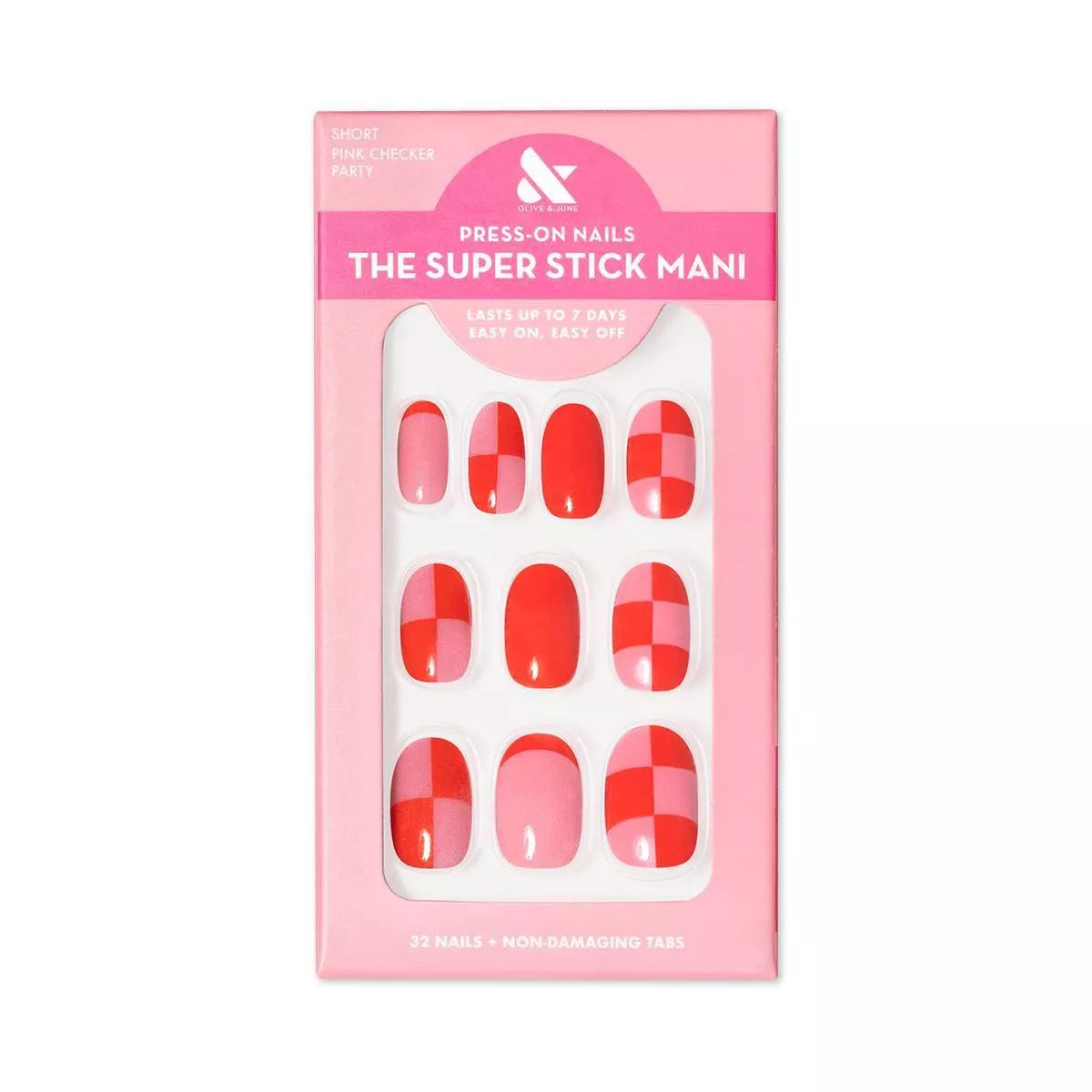 Olive & June Fake Nails - S Round - Pink Checker Party - 32ct | Target