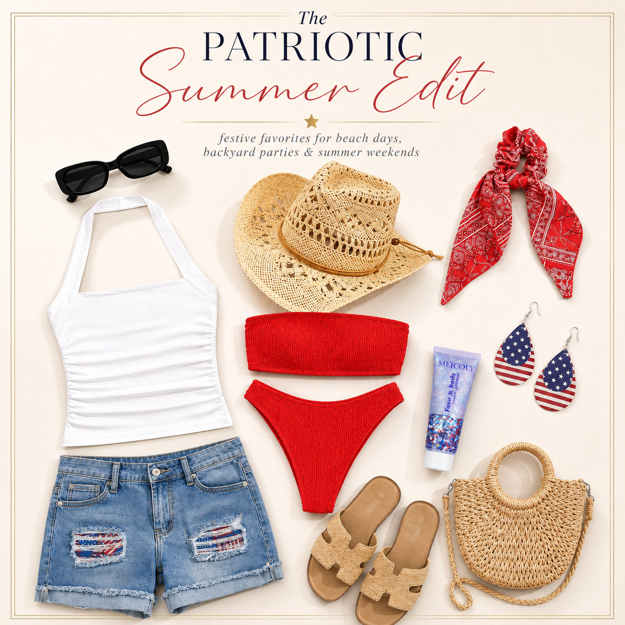 The Chic Patriotic Summer Edit 🇺🇸 

The Patriotic Summer Edit for cute red, white & blue outfits that don’t feel cheesy!! (IYKYK)

I did the digging for you — everything in this edit is from Amazon, so it’s affordable, easy to recreate, and perfect if you want festive pieces for summer without spending a ton.

This is the kind of outfit formula that works for Memorial Day weekend, Fourth of July, fireworks, BBQs, beach days, pool parties, lake trips, boat days, backyard parties, parades, summer concerts, country concerts, vacation weekends, and every red, white, and blue moment on your calendar.

The white halter top, denim shorts, red bikini, straw cowboy hat, bandana scrunchie, patriotic earrings, white slides, woven bag, and sunnies make the whole look feel fun and festive but still wearable. 

It gives Americana summer energy without looking like a costume.

What makes this edit worth shopping is that every piece can be worn again. 

The white top and denim shorts are summer staples, the red bikini is perfect for pool and beach days, the slides and woven bag go with everything, and the accessories add just enough patriotic detail for holiday weekends.

🇺🇸 If you want a chic, affordable Amazon outfit for Memorial Day, Fourth of July, fireworks, BBQs, beach weekends, pool days, and summer parties, this is the patriotic edit I’d shop first.

↓ Everything is linked!

#LTKActive #LTKSaleAlert #LTKTravel