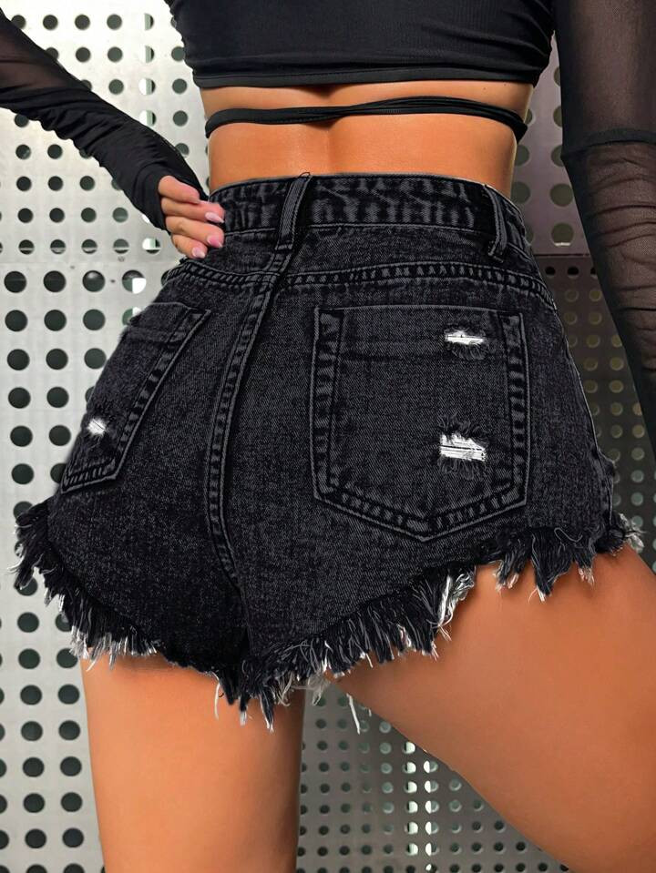 SHEIN ICON Ripped Raw Hem Denim Shorts | SHEIN