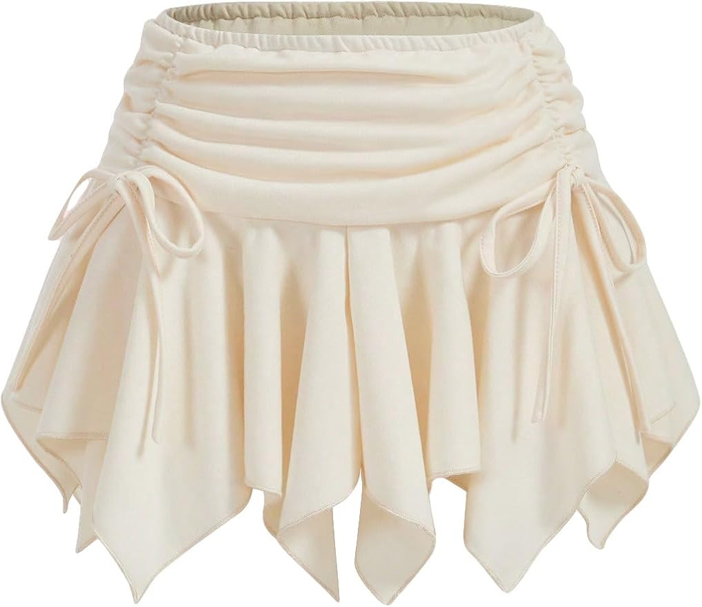 WDIRARA Women's Elastic Waist Drawstring Ruched Tie Side Asymmetrical Hem Mini Skirt | Amazon (US)