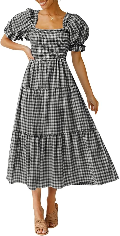 ZESICA Women's 2023 Bohemian Summer Plaid Square Neck Puff Sleeve Ruffle Flowy Beach Midi Dress | Amazon (US)