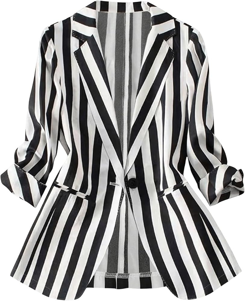 GORGLITTER Women's 3/4 Sleeve Blazer Jacket Bussiness Casual Striped Suit Jacket Work Lightweight... | Amazon (US)