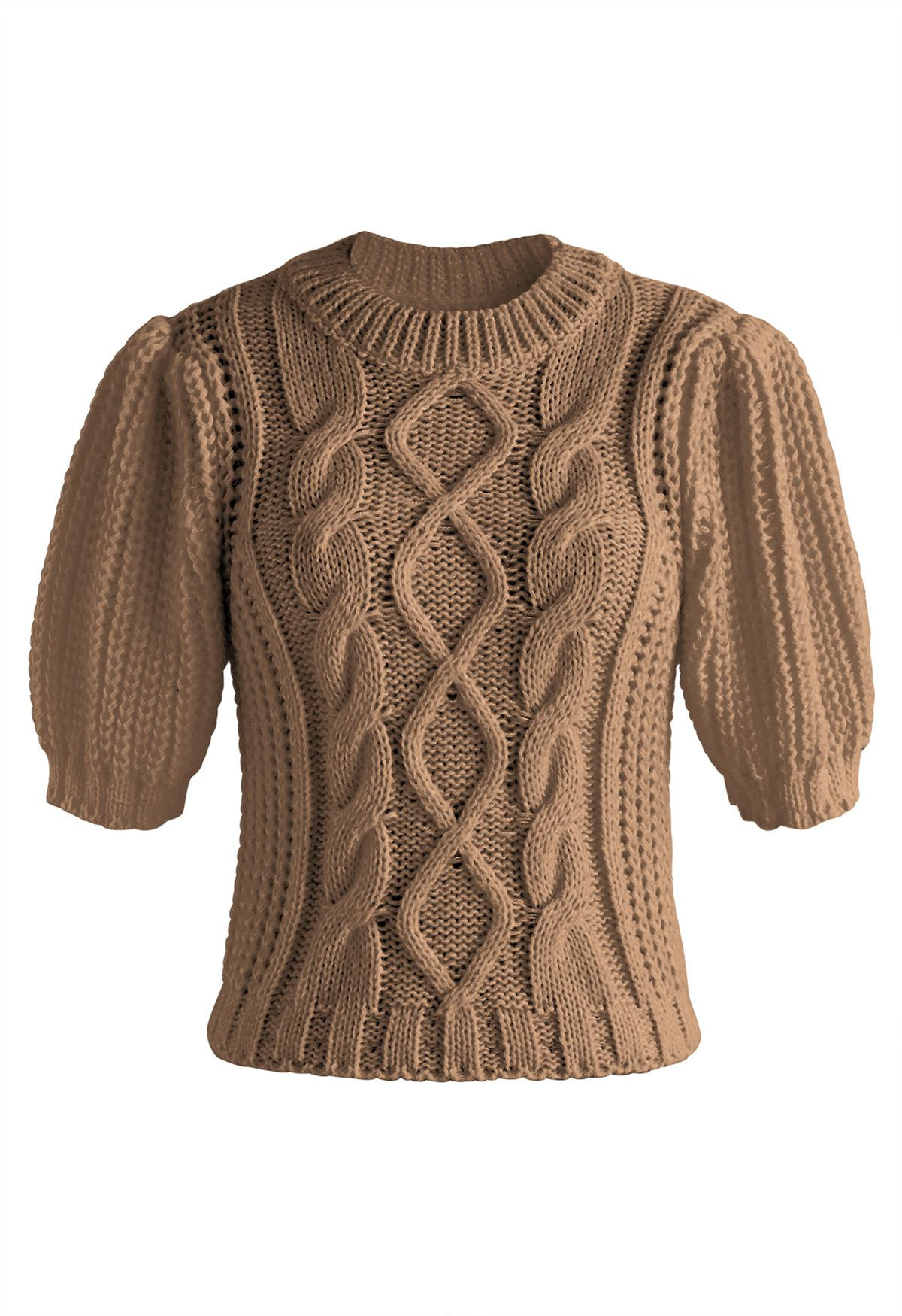 Bubble Sleeve Braided Ribbed Sweater in Tan | Chicwish