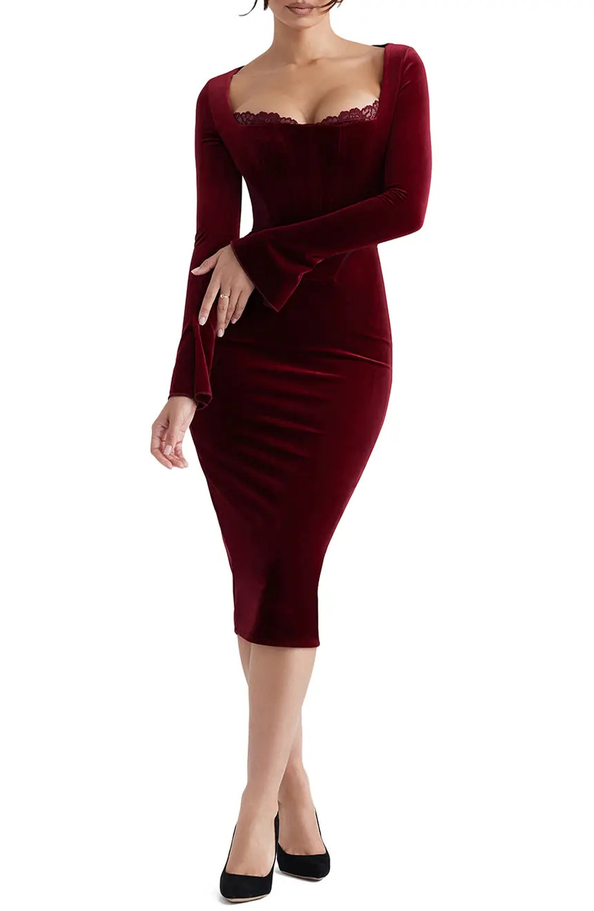 Solaine Lace Trim Long Sleeve Velvet Midi Dress | Nordstrom
