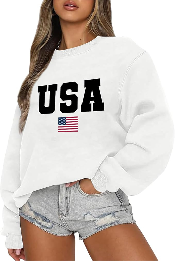 Usa Sweatshirt Women Oversized American Flag Sweater Graphic Hoodies Cotton Pullover Long Sleeve ... | Amazon (US)