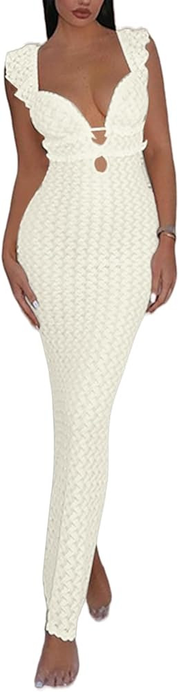 AIBEARTY Women's Sexy V Neck Crochet Bodycon Dress Mesh Hollow Out Knit Sleeveless Long Dress Sum... | Amazon (US)