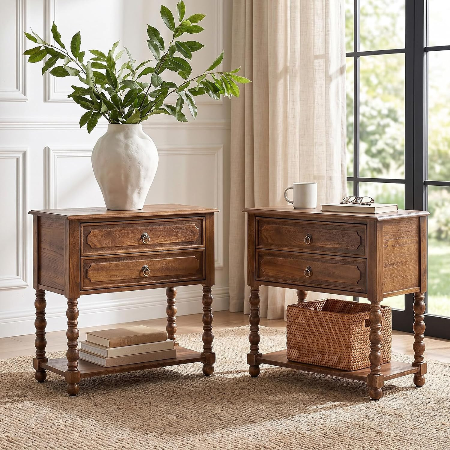 HULALA HOME Farmhouse Accent End Table with Charging Station, 2PK Walnut | Amazon (US)