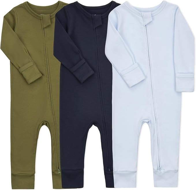Aablexema Baby Cotton Fooltess Pajamas with Mitten, 3-pack Infant Romper Zip Up One Piece Jumpsui... | Amazon (US)