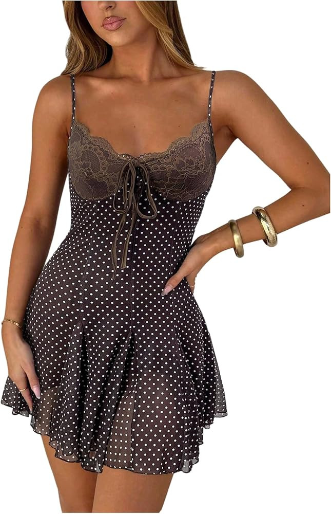 GORGLITTER Women's Y2k Polka Dots Mini Dress Lace Mesh Bow Tie Front V Neck A Line Coquette Dress... | Amazon (US)