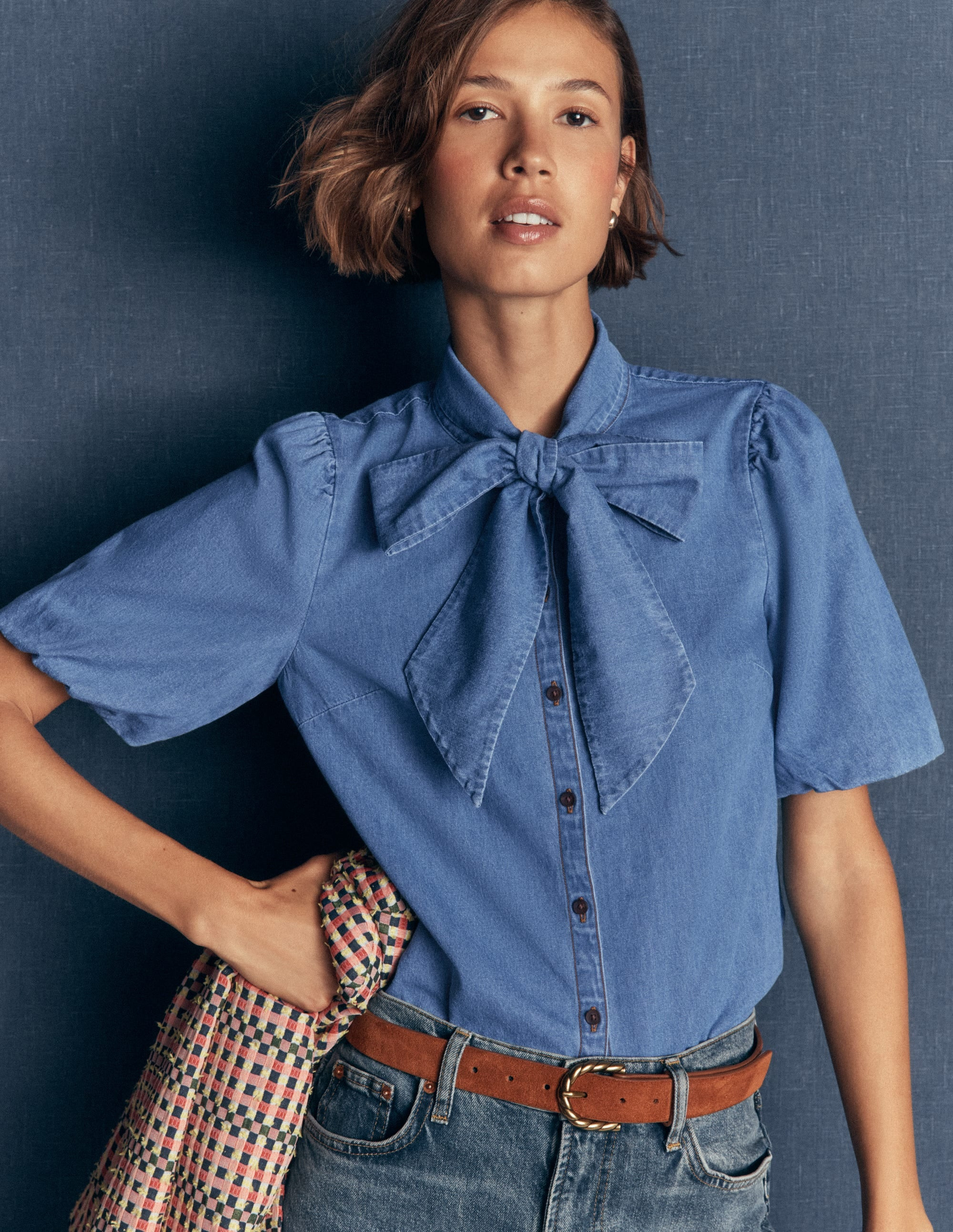 Tie Neck Denim Top-Light Vintage | Boden UK