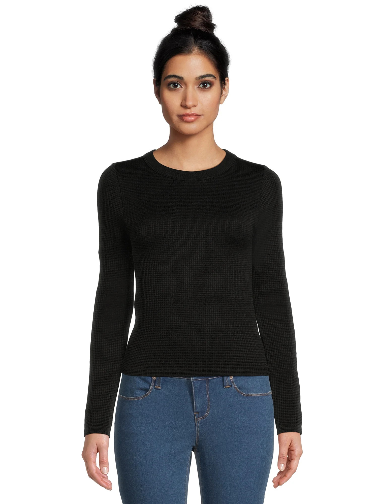 No Boundaries Juniors’ Crewneck Waffle Tee with Long Sleeves, Sizes XS-XXL | Walmart (US)