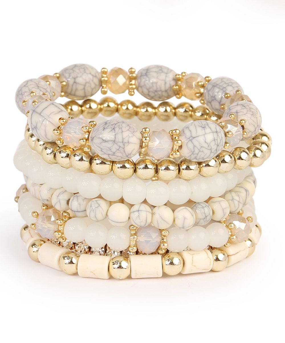 Ella & Elly Women's Bracelets White - White & Goldtone Beaded Stackable Bracelet Set | Zulily