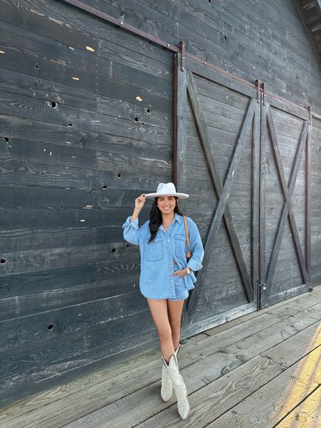 summer outfit
country concert outfit, denim on denim, denims shorts, denim top, cowgirl boots, fedora hat, outfit idea 

#LTKFindsUnder100 #LTKStyleTip