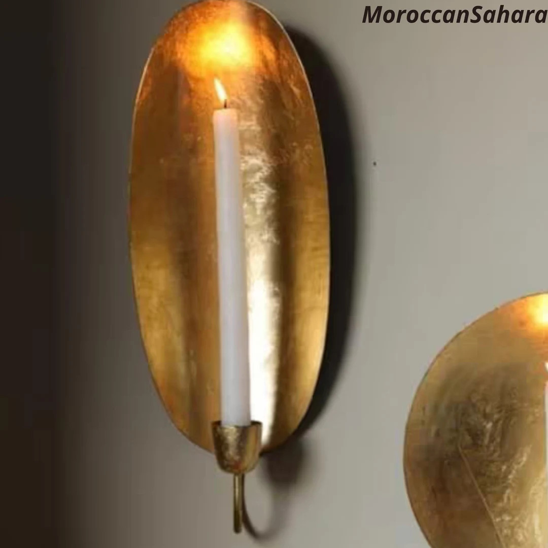 SET of 2 Moroccan Oval Brass Gold Leaf Candlestick Holder Wall Sconce - Etsy | Etsy (US)