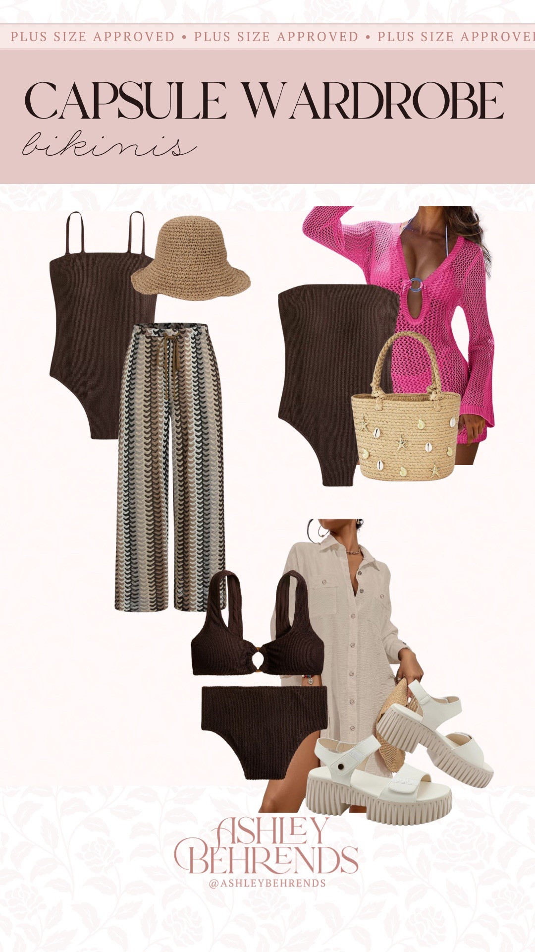 My most recent plus size approved bathing suits are the perfect finds for your bikini capsule wardrobe. Those two piece is so flattering comfortable and plus size approved. The one piece has removable straps, and it actually stays in place. Paired with a few of my favorite swim coverups and accessories, you have exactly what you need for a day at the pool, the lake or a beach getaway before summer comes to a close. 
Crochet swim coverup pants, seashell handbag, hot pink coverup, straw hat, beach vacay outfit inspo, look for less sandals

#LTKSeasonal #LTKPlusSize #LTKSwim