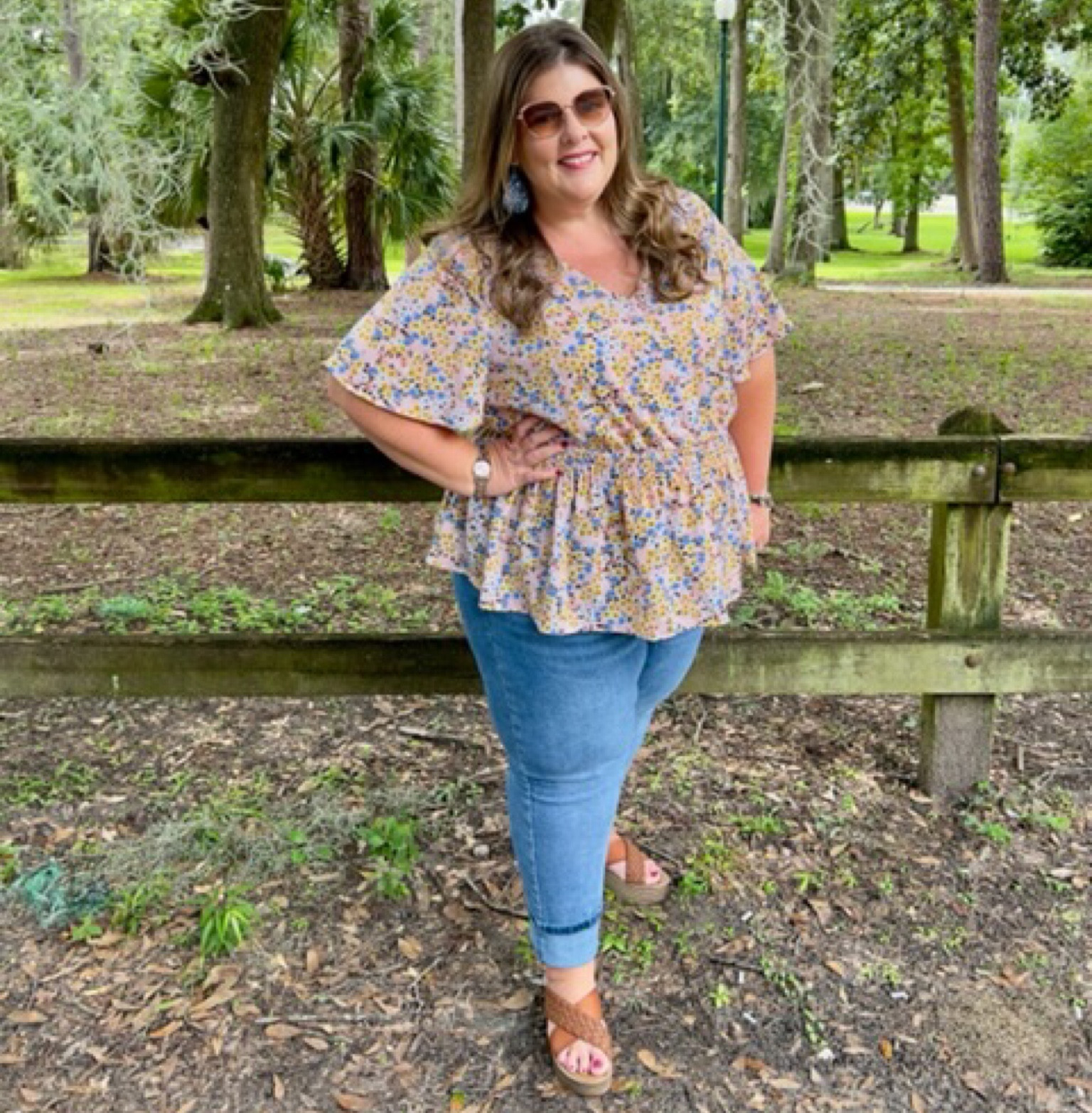 This is such a fun outfit to rock as we close out the summer. A colorful and flowy peplum top paired with comfy jeans, plus cute shades and wedges has me feeling great all day!

#LTKSeasonal #LTKcurves #LTKbeauty