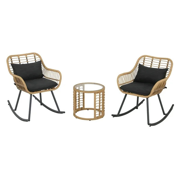 Outdoor Bistro Set, Patio Furniture Wicker Rocking Conversation Set, 3 Piece All Weather Rattan R... | Walmart (US)