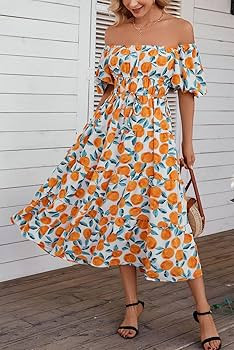 Kormei Women Casual Off The Shoulder Dresses Spring Short Puff Sleeve Summer Flowy Smocked Long P... | Amazon (US)