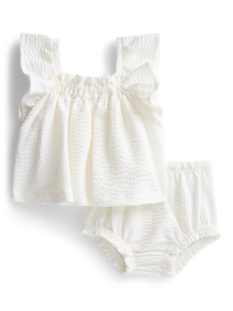 Wonder Nation Baby Girls Seersucker Romper & Bloomers with Flutter-Sleeve, 2-Piece Set, Sizes 0\u... | Walmart (US)
