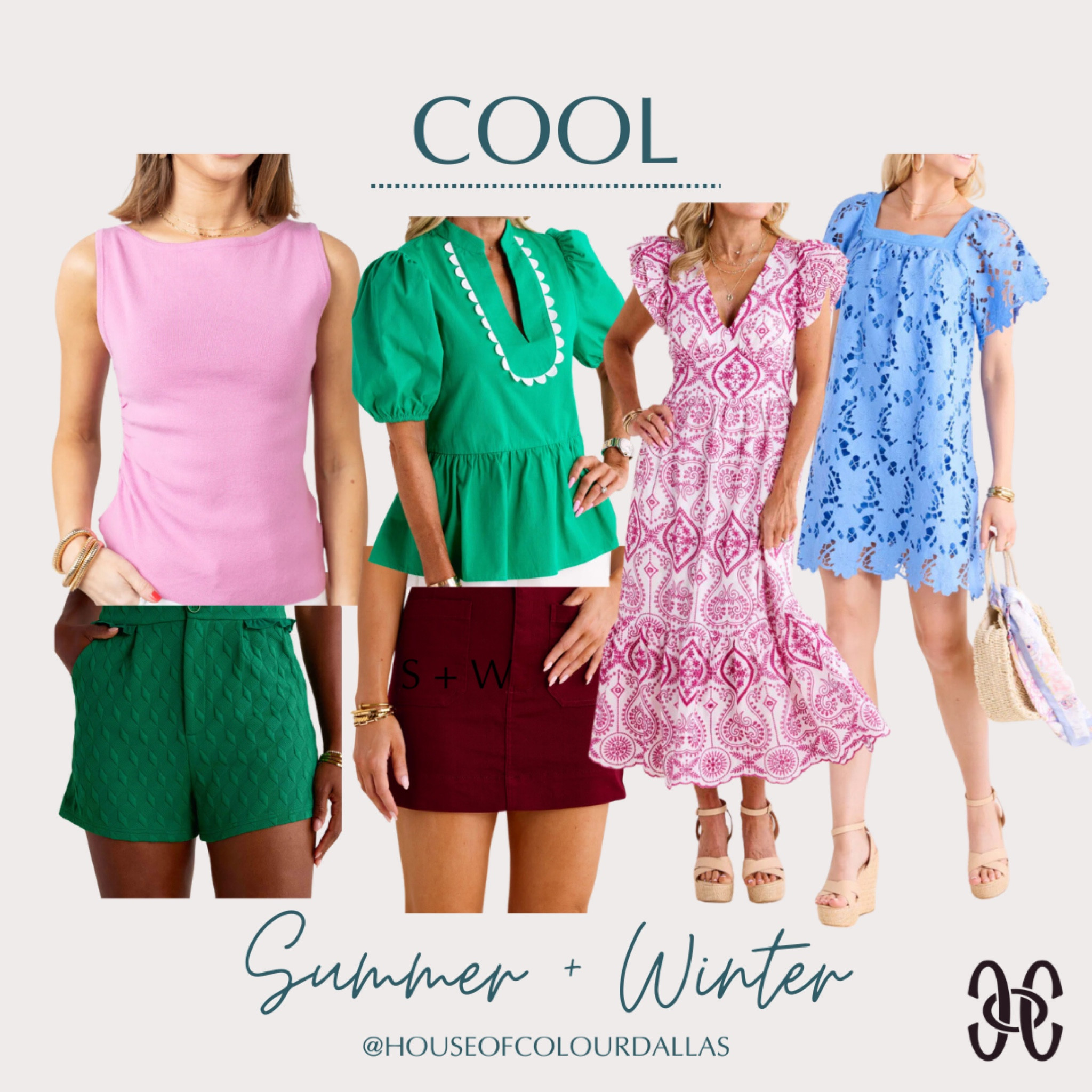 Picks for Summers and Winters! 
🌸❄️
Pink Top: Summer 
Green Top: Winter
Pink Dress: Winter + Summer
Blue dress: Summer
Green Shorts: Winter
Burgundy Skirt: Winter + Summerr