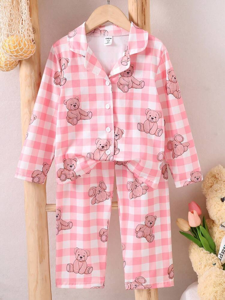 2pcs/Set Young Girl Casual Cute Bear Print Long Sleeve Cardigan And Pants Homewear Set | SHEIN