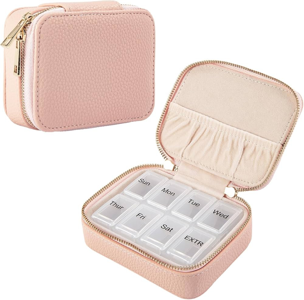 Weekly Pill Organizer Pink Portable Leather Travel Pill Organizer 7 Day with Detachable 8 Compart... | Amazon (US)