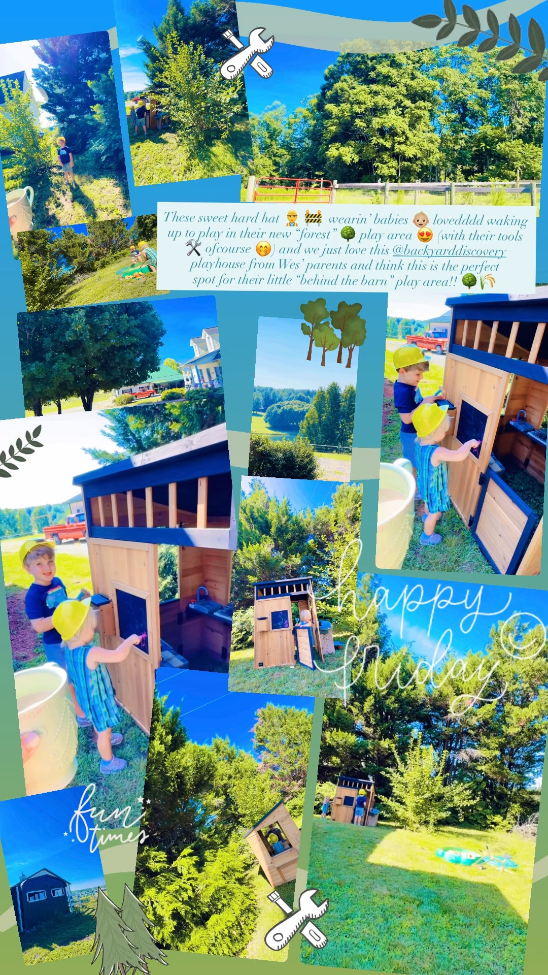 These sweet hard hat 👷‍♂️ 🚧  wearin’ babies 👶🏼 lovedddd waking up to play in their new “forest” 🌳 play area 😍 (with their tools 🛠️ ofcourse 🤭) and we just love this @backyarddiscovery playhouse from Wes’ parents and think this is the perfect 
spot for their little “behind the barn” play area!! 🌳🌾