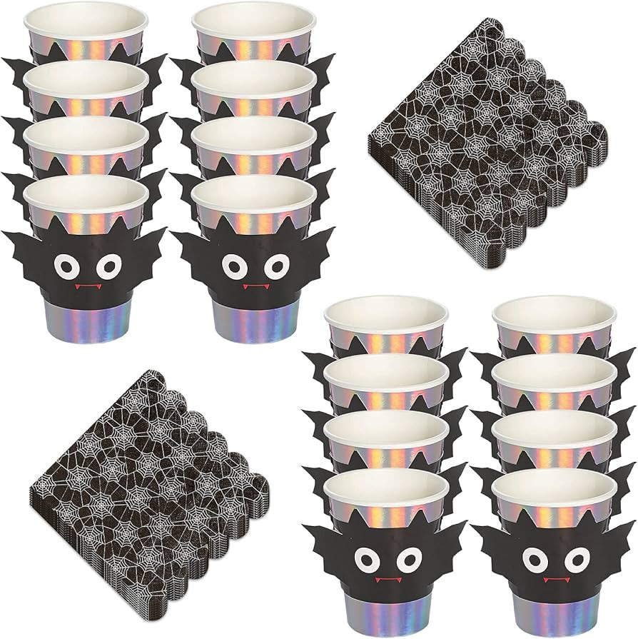 HOME & HOOPLA Halloween Party Spooktacular Iridescent Bat Treat Cups and Scalloped Spider Web Nap... | Amazon (US)