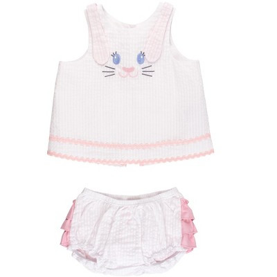 RuffleButts Baby Girls Seersucker Applique Swing Top and Bloomer Set - Pink Bunny Ears Seersucker, 0-3m | Target