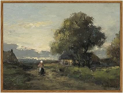 ARPEOTCY Vintage Country Farm Framed Wall Art, Village Road under Tree Scenery Retro Painting Dec... | Amazon (US)