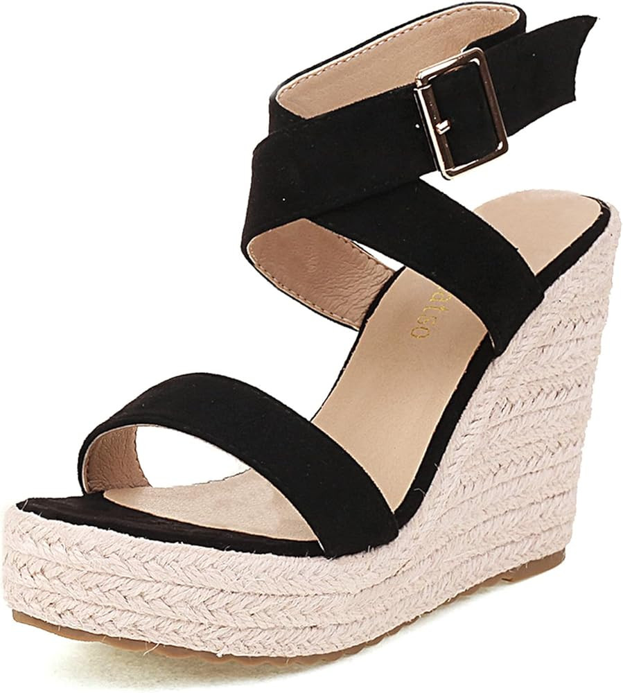 Lhamo Latso Women's High Heel Open Toe Espadrille Wedge Sandals With Suede Upper Cross Ankle Adju... | Amazon (US)