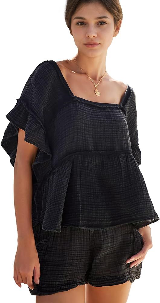 Womens Pajama Sets Gauze Top 2 Piece Outfits Shorts Pjs Plus Size Square Neck Summer Lounge Set C... | Amazon (US)