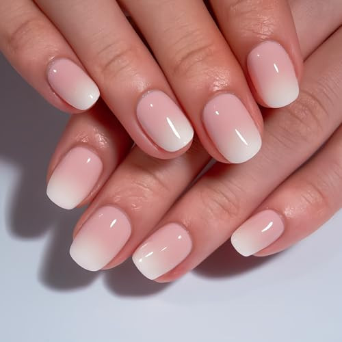 CurvLife Nude Ombre Press On Nails Extra Short – 30PCS Short Square Soft Gel Fake Nails, Natural Gradient Glue On Nails Kit for Women, Easy At-Home Salon Manicure (Nude White) | Amazon (US)