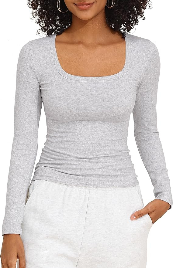 PrettyGuide Womens Long Sleeve Shirts Cotton Jersey Square Neck Going Out Tops Slim Fit Fall Casu... | Amazon (US)