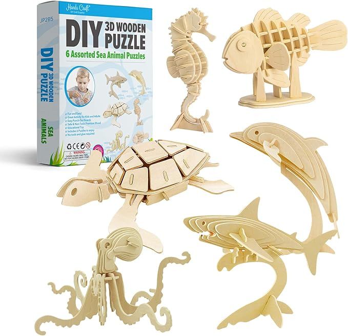 Hands Craft DIY 3D Wooden Puzzle Bundle Set, Pack of 6 Sea Animals Brain Teaser Puzzles | Educati... | Amazon (US)