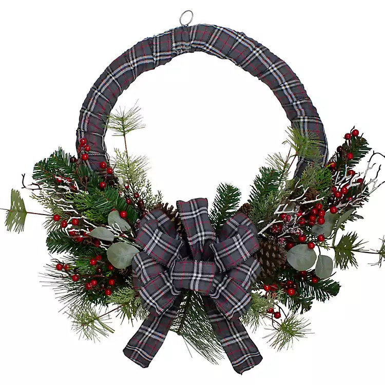 Gray Plaid Pine and Berries Wreath | Kirklands