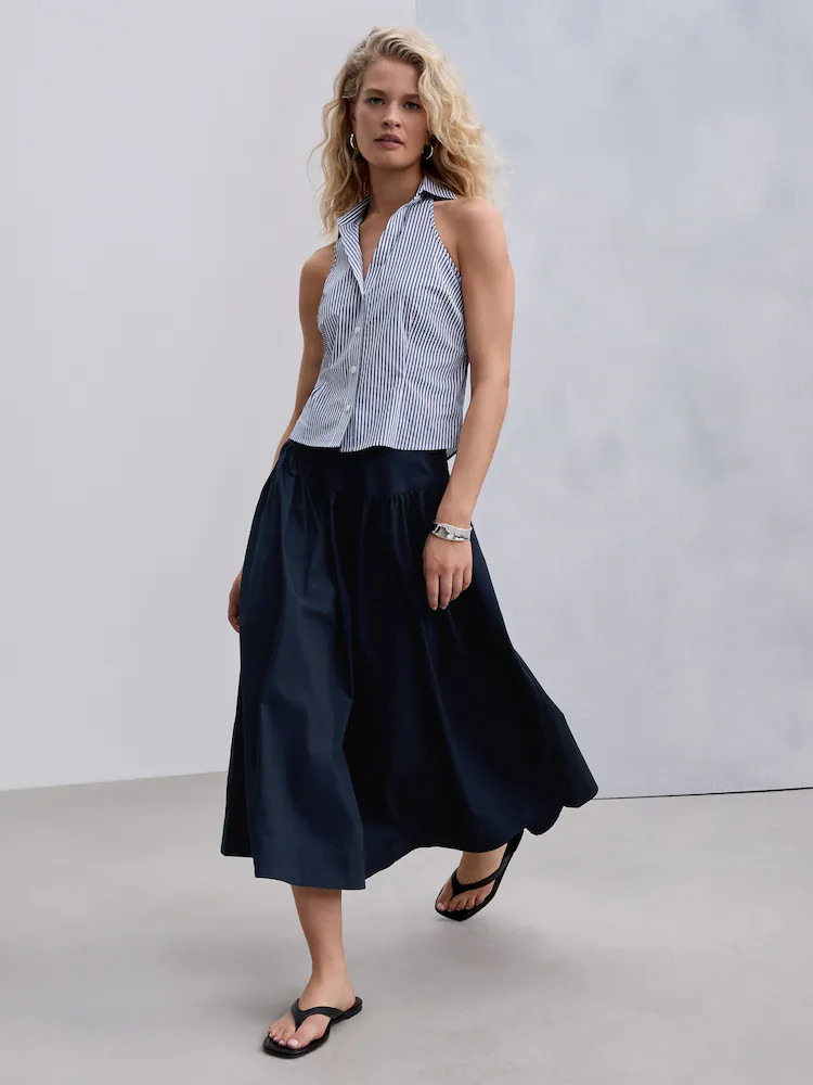 Navy Blue Cotton Poplin Drop Waist Midi Skirt | Next EU