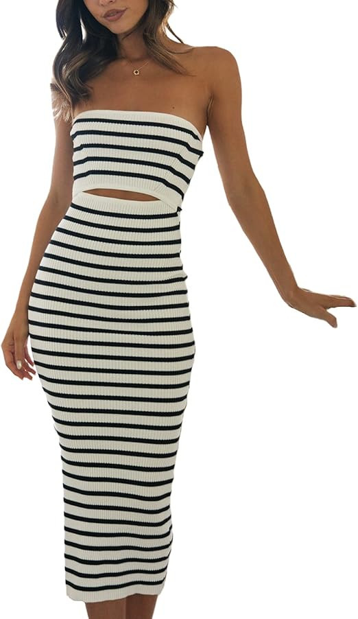 NUFIWI Women Summer Strapless Knitted Long Dress Off Shoulder Striped Cutout Midi Dress Bodycon B... | Amazon (US)