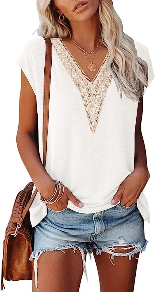 MEROKEETY Women's Casual Cap Sleeve Lace Trim V Neck Tops 2023 Summer Loose Tee Shirts Blouse | Amazon (US)