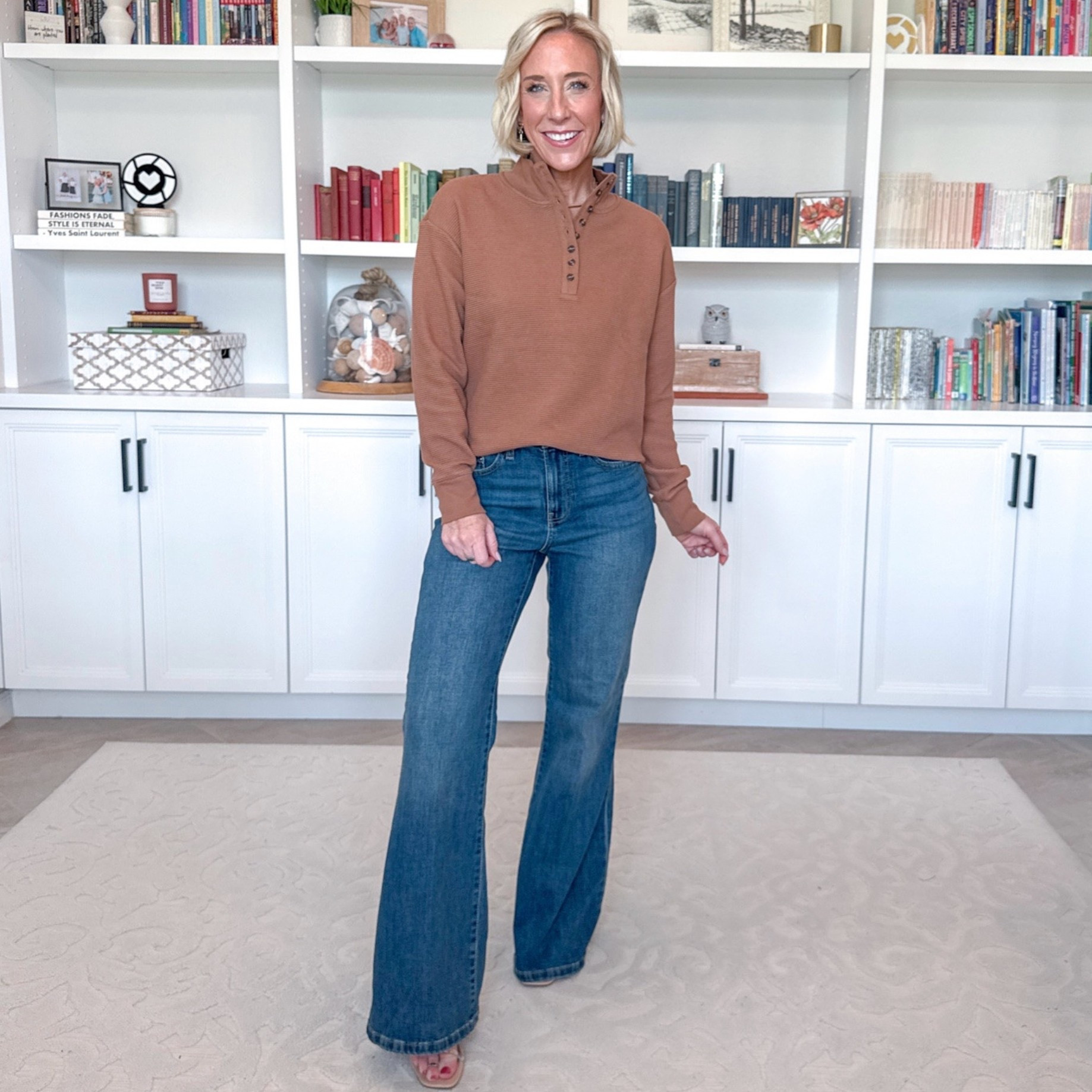 Walmart - tops and denim - under $30. High Rise Flare Jeans - size 2. $26.98. 2 washes. Waffle Knit Button Top w/ Long Sleeves - size XS. $19.98. 5 colors. 

#LTKOver40#LTKSeasonal#LTKPetite