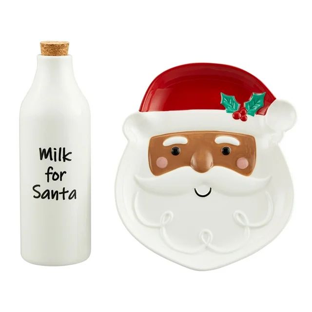 Holiday Time Multicolor Santa-Shaped Glazed Earthenware Cookie Plate with Corked Milk Bottle, Afr... | Walmart (US)