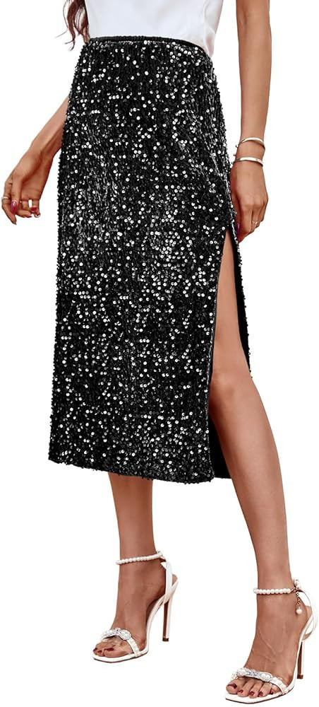 Wenrine Women's Sequin Skirts Midi Sexy High Waisted Skirt Black Sequin Skirt Outfit Ideas | Amazon (US)