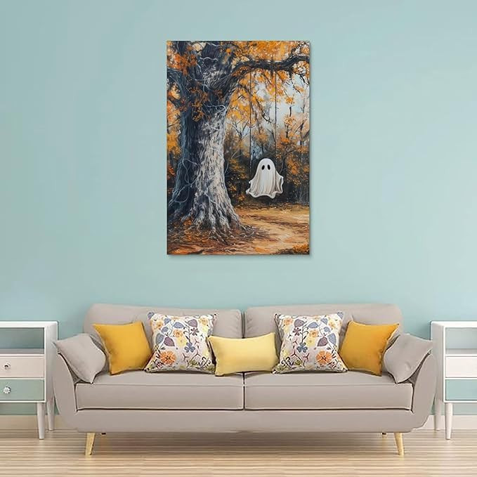 HHGaoArt Vintage Cute Ghost Canvas Wall Art, Funny Halloween Pictures, Ghost on A Swing in The Fo... | Amazon (US)