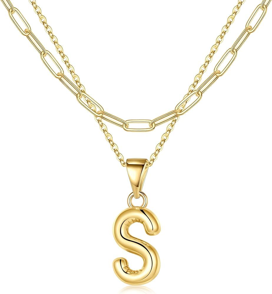 Turandoss Bubble Letter Necklace Gold - Layered Gold Initial Necklaces for Women, Dainty Gold Ini... | Amazon (US)
