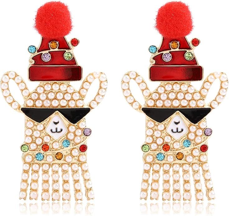 HZEYN Beaded Christmas Earrings Multicolor Crystal Pearl Beaded Reindeer Claus Candy Pop Earrings... | Amazon (US)