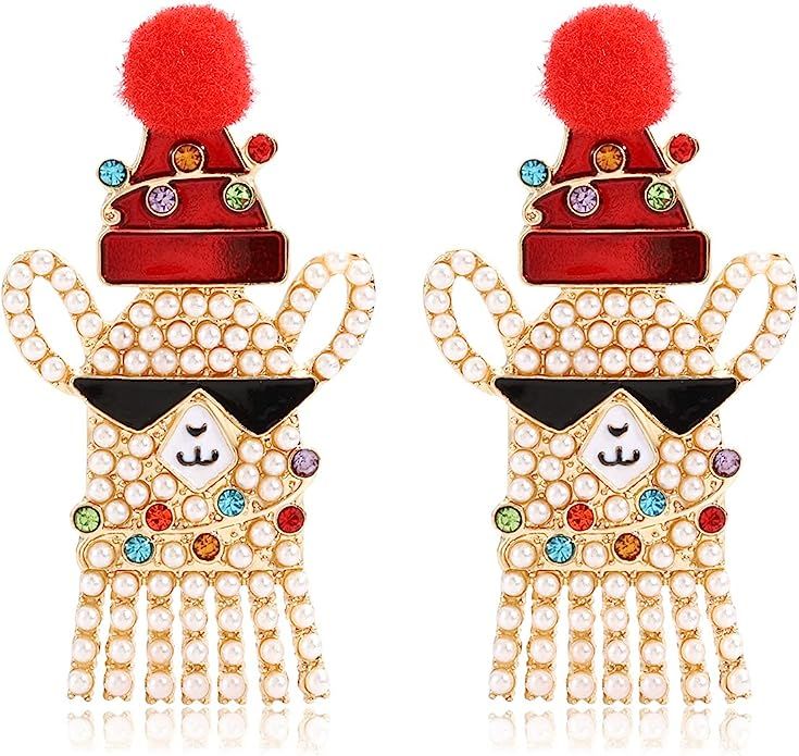 HZEYN Beaded Christmas Earrings Multicolor Crystal Pearl Beaded Reindeer Claus Candy Pop Earrings... | Amazon (US)