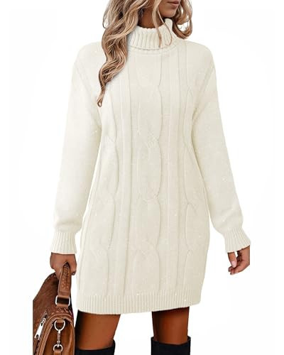 VAFOLY Wedding Guest Dresses for Women：Petite Trendy Formal Midi Dress Women Long Sleeve Chunky Turtleneck Sweaters Country Music Concert Outfit Cable Knit Sweater Dress Casual Date Night White L | Amazon (US)